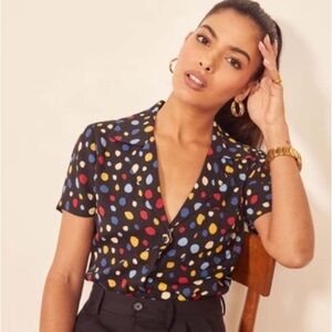Reformation Cuba Top Fiesta Black Polka Dot Button Front Blouse, Size Large